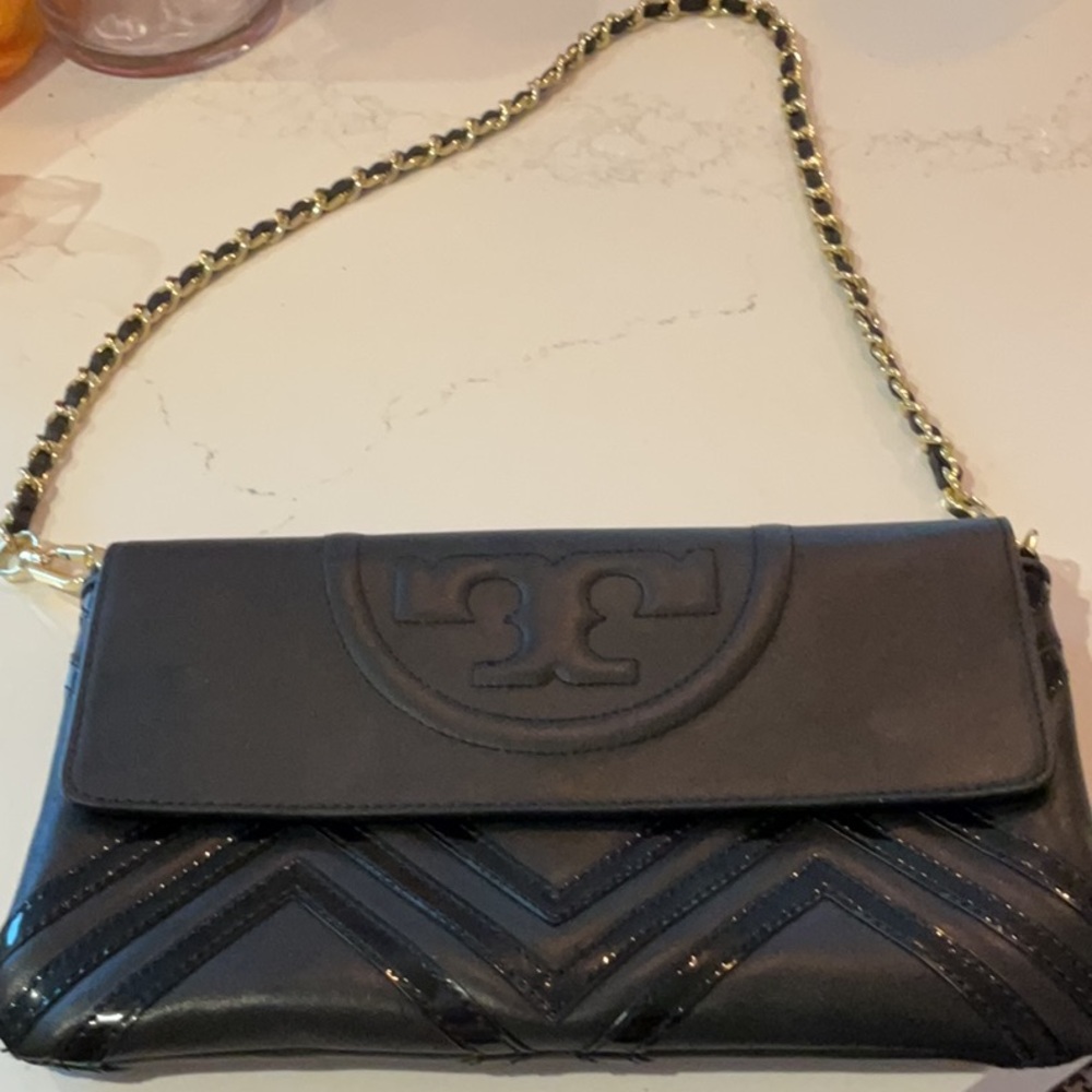 Tory Burch Black Quilted Chevron Clutch